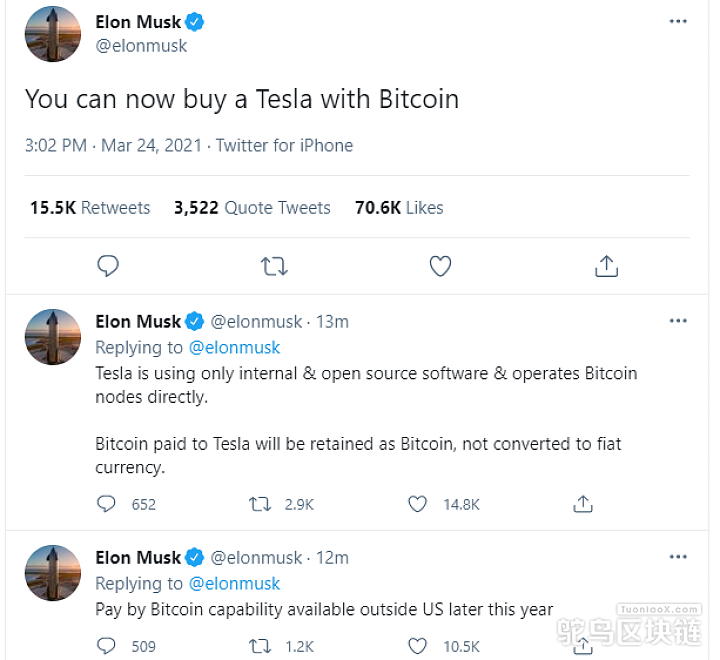 elonmusk今年晚些时候美国以外的地区也可以使用比特币支付特斯拉